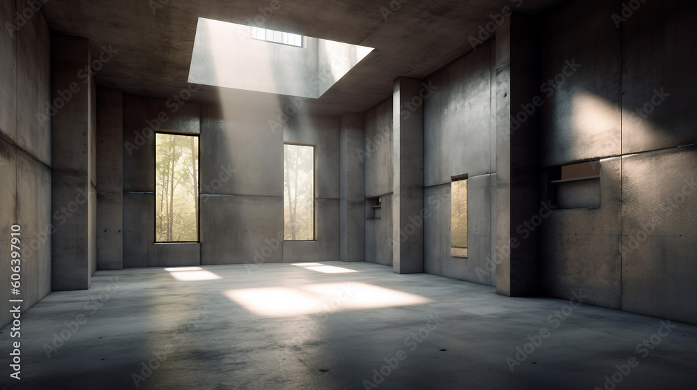 An empty room building with a concrete floor and wall, generative ai illustration