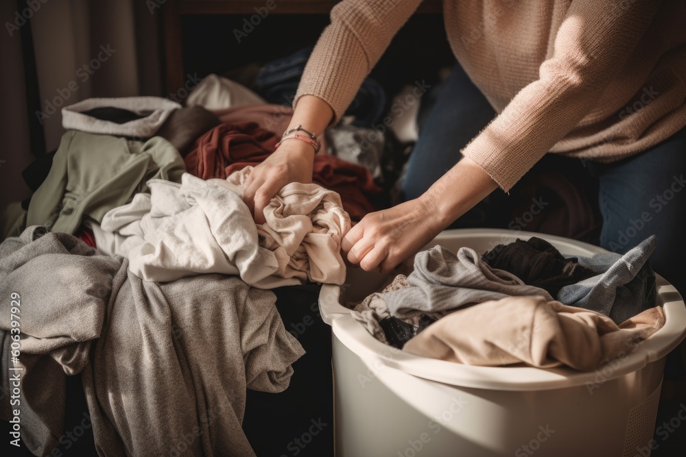 person, sorting piles of clothes into keep, donate, and trash categories, created with generative ai