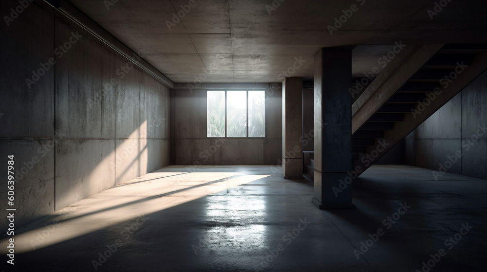 An empty room building with a concrete floor and wall, generative ai illustration