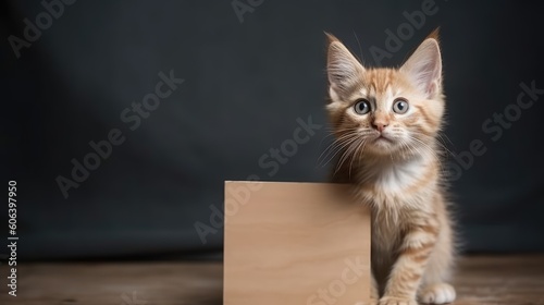 A fluffy cat is sitting at a wooden board on a table on a dark background. Wooden board with a place for text. Generative AI