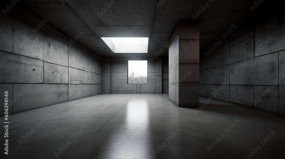 An empty corridor in a modern building with a concrete floor and wall, generative ai illustration