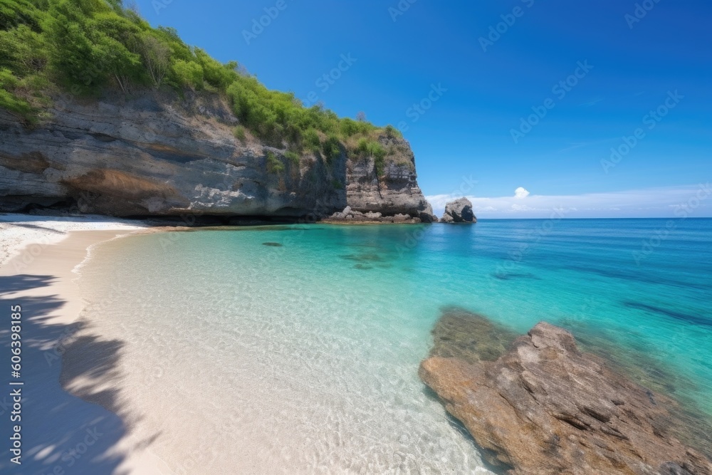 tropical cliff beach with clear blue waters and white sand, created with generative ai