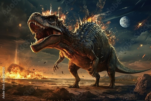 Dinosaurs extinct with meteorite falling .Ai art