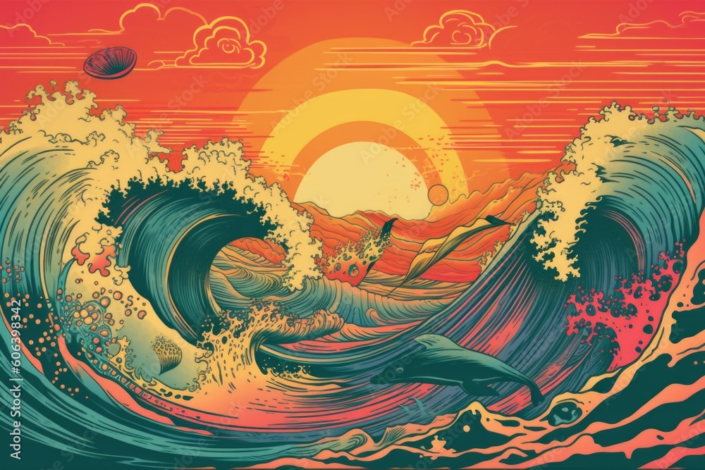 Φωτογραφία vintage psychedelic poster of a dolphin jumping out of the water, created with g