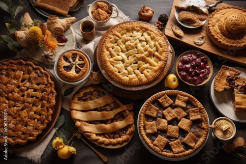 an array of pastries, pies, and other baked goods for the holidays, created with generative ai