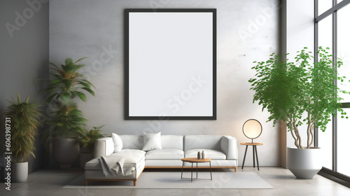 Modern Interior Design with Blank Mockup Frame Poster  3D Render  3D Illustration