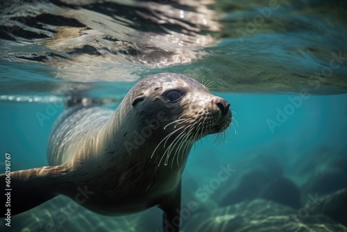 marine mammal swimming in crystal-clear waters, created with generative ai