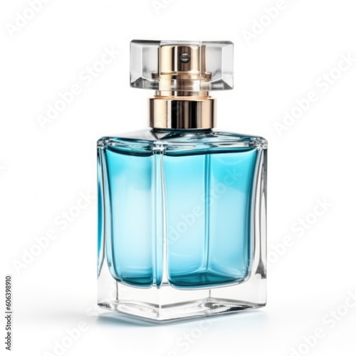 Elegant transparent bottle with blue perfume isolated on a white background. Women's perfume. Generative AI