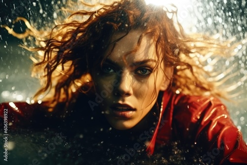 Editorial image featuring a model immersed in water or rain, creating a sense of mystery and emotion. Generative ai.