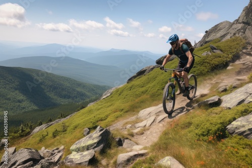 mountain biker ascending steep and rocky trail, with view of the valley below, created with generative ai © Natalia