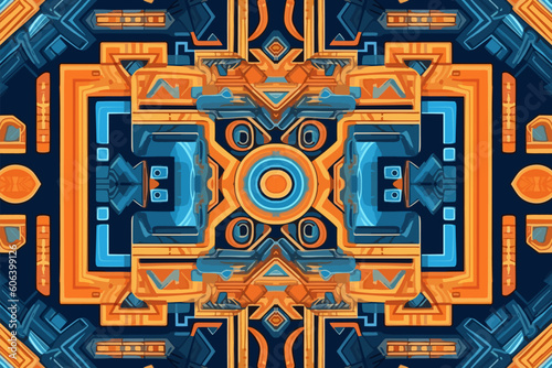 Egyptian fabric pattern. Abstract indigenous line art for ancient Egypt, orange and blue tone