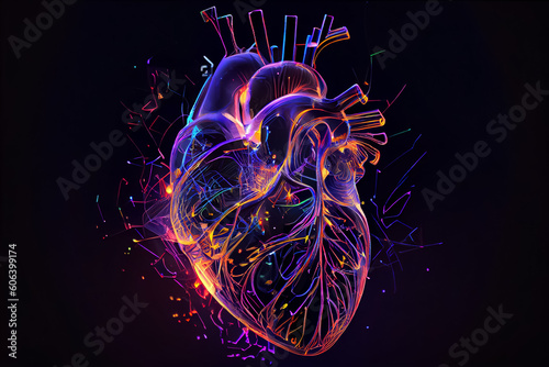 illustration of heart human organ in neon color on black background. ai