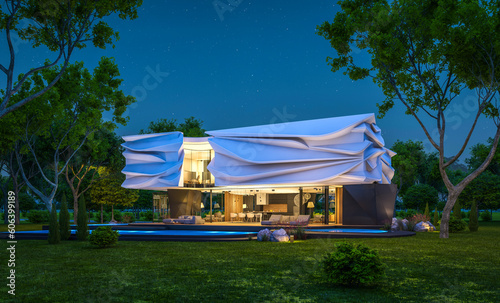 3d rendering of cute cozy modern house with bionic natural curves plastic forms with parking and pool for sale or rent with beautiful landscape. Clear summer night with many stars on the sky