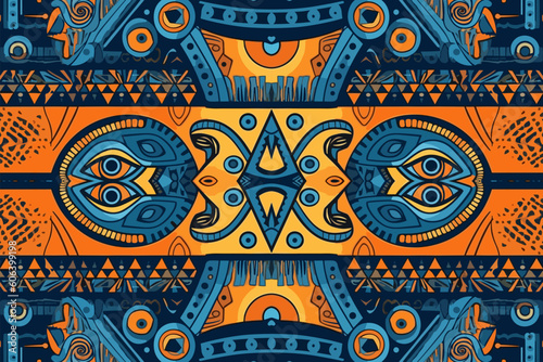 Egyptian fabric pattern. Abstract indigenous line art for ancient Egypt, orange and blue tone