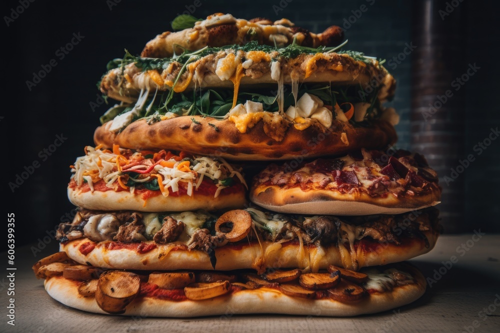 Fotografie stack of thin-crust pizzas with various toppings, each pizza distinctively diffe