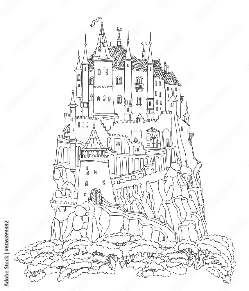 Fantasy landscape with Fairy tale castle on a mountain, pine trees. Coloring book page