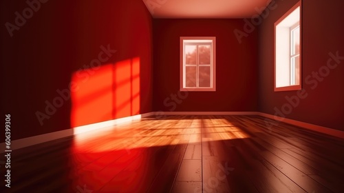 A shadow from a window in an empty room with red walls. Design and interior of the room. Generative AI
