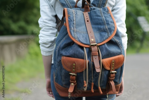 a pair of old jeans, refashioned into a backpack with leather straps and zippers, created with generative ai