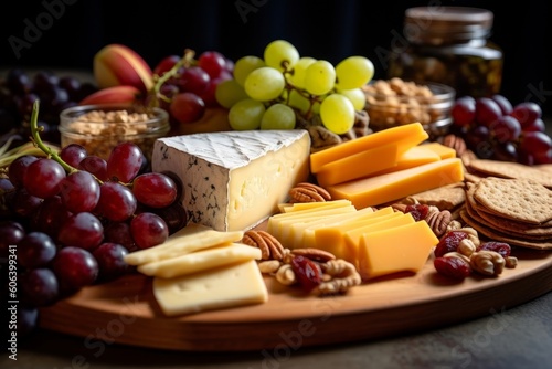 cheese platter with various types of cheese, grapes, and crackers