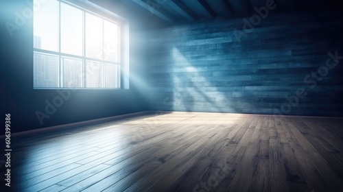 A shadow from a window in an empty room with blue walls. Design and interior of the room. Generative AI