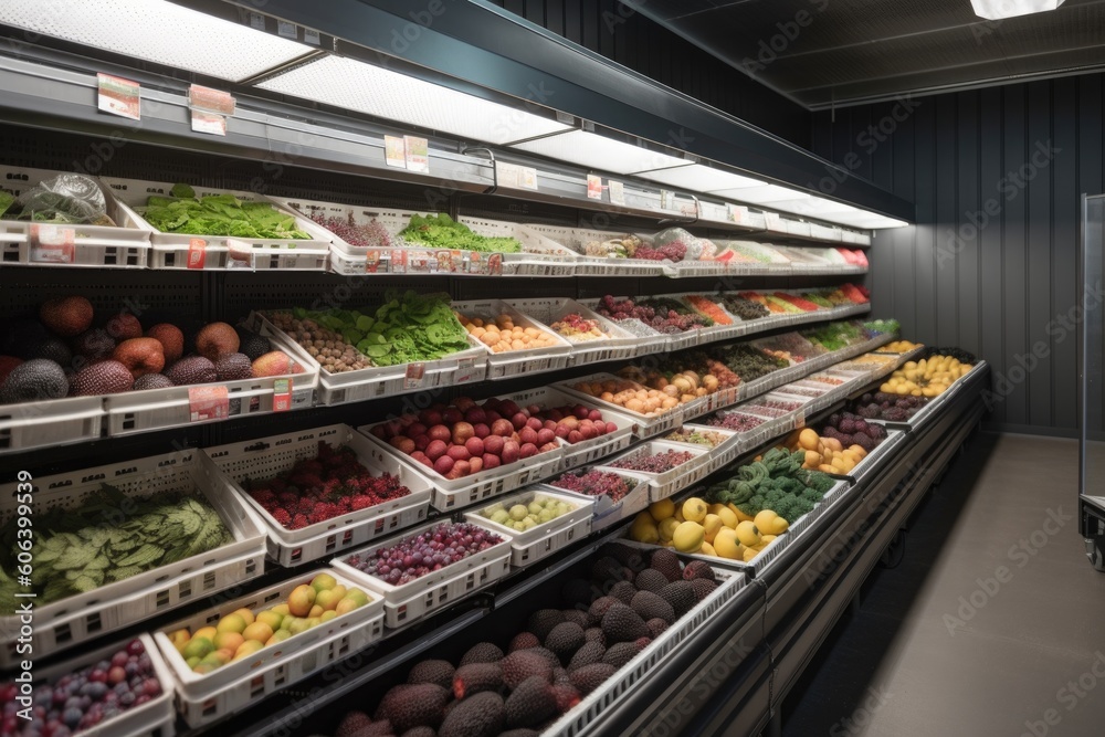 walk-in refrigerator filled with fruits and vegetables, ready for food markets, created with generative ai