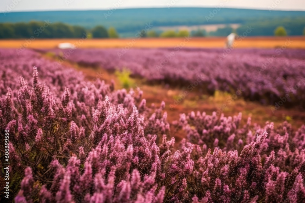 Fototapeta premium A purple heather field in selective focus during daytime. (Generative AI)