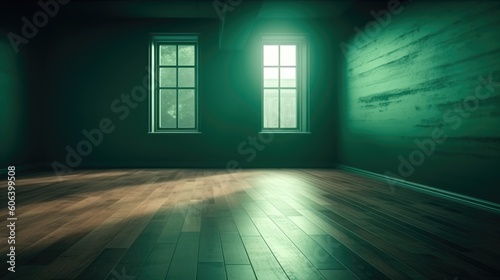 A shadow from a window in an empty room with green walls. Design and interior of the room. Generative AI