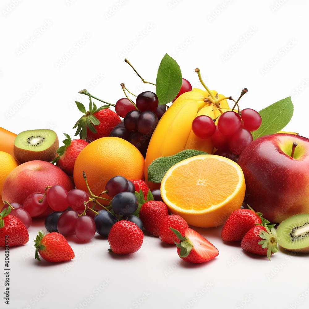 A variety of colorful summer fruits, apples, oranges, grapes and berries on a white background, Generative AI, generative artificial intelligence