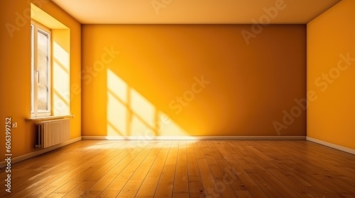 A shadow from a window in an empty room with yellow walls. Design and interior of the room. Generative AI