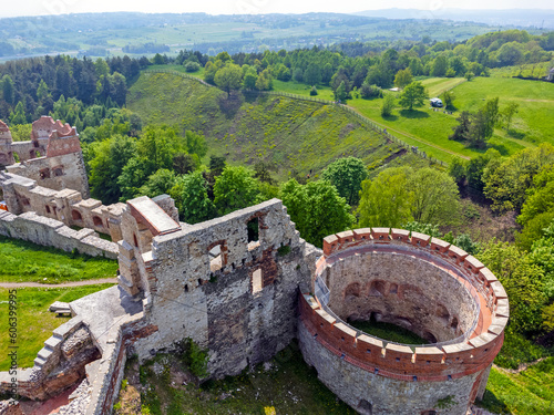 Aerial view of the landscape, Poland Tenczyn Castle in Rudno. Drone photo , ruins , walls , park.
