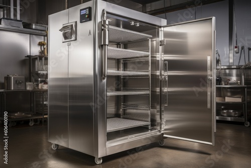 temperature-controlled holding cabinet in industrial setting, with stainless steel and aluminum accents, created with generative ai