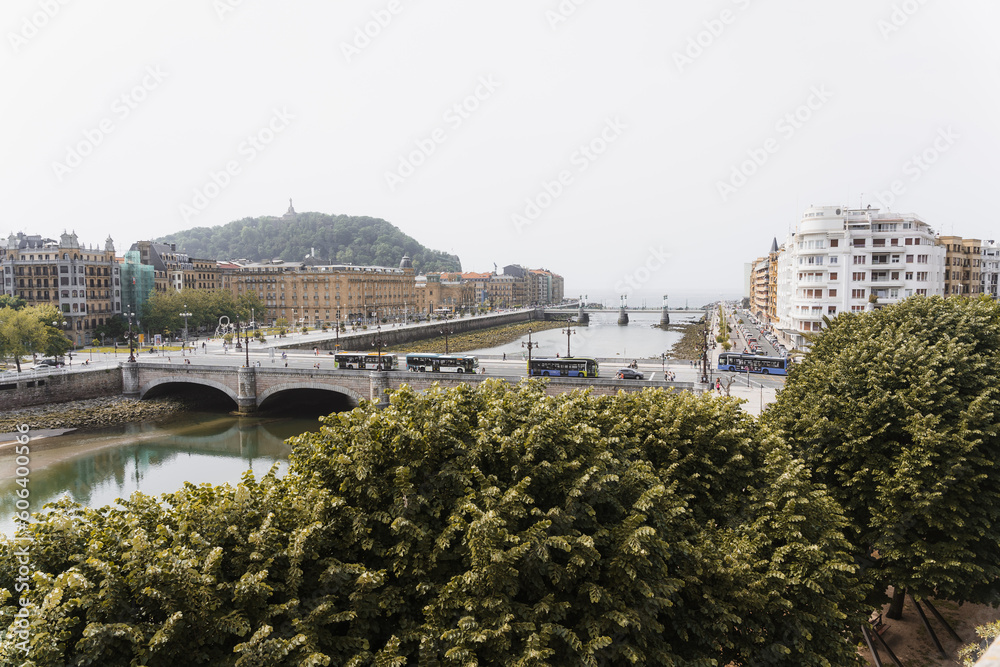 Aerial view of the bridges of the Urumea river in the city of San Sebastian, Basque Country