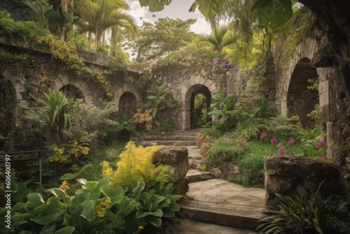 fantasy garden with lush foliage and exotic blooms, surrounded by towering stone walls, created with generative ai