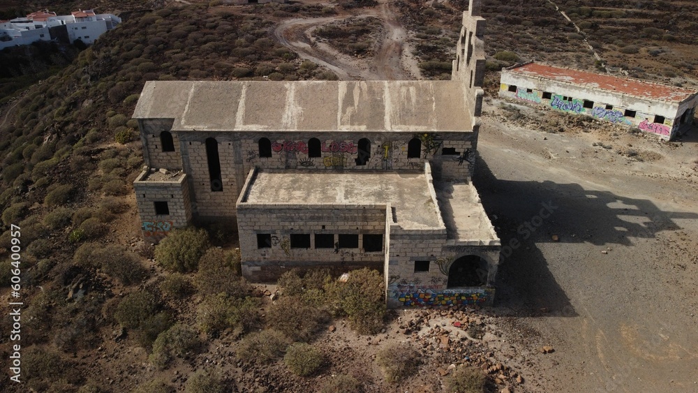 Aerial view of abandoned leper sanitorium and army base in Abades, Tenerife, Canary Islands - obrazy, fototapety, plakaty 