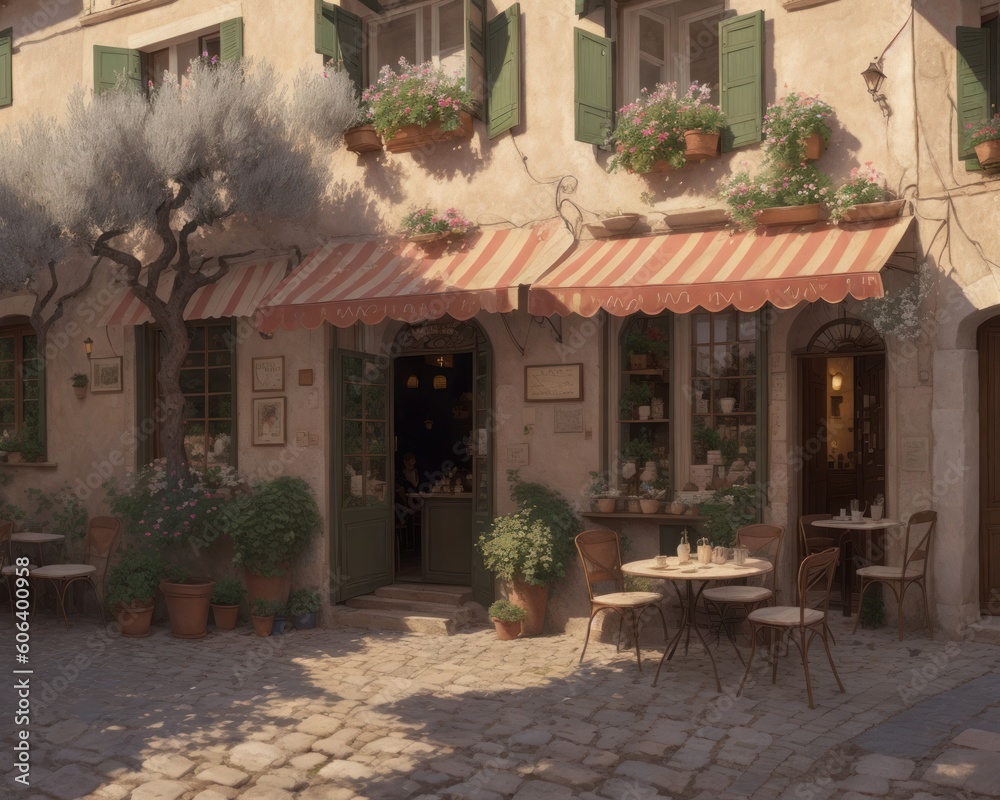 Painting of an mediterran street cafe volume one created with generative ai, ki