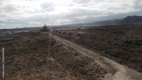 Aerial shot of abandoned leper sanitorium and army base in Abades, Tenerife, Canary Islands