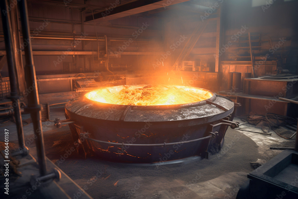 Process of melting metal in a blast furnace. Metallurgical production in the hot shop at the plant. Ladle with high temperature full of liquid metal for feeding metal into molds. Generative AI Process of melting metal in a blast furnace. Metallurgical production in the hot shop at the plant. Ladle with high temperature full of liquid metal for feeding metal into molds. Generative AI