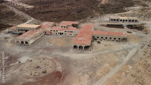 Aerial view of abandoned leper sanitorium and army base in Abades, Tenerife, Canary Islands