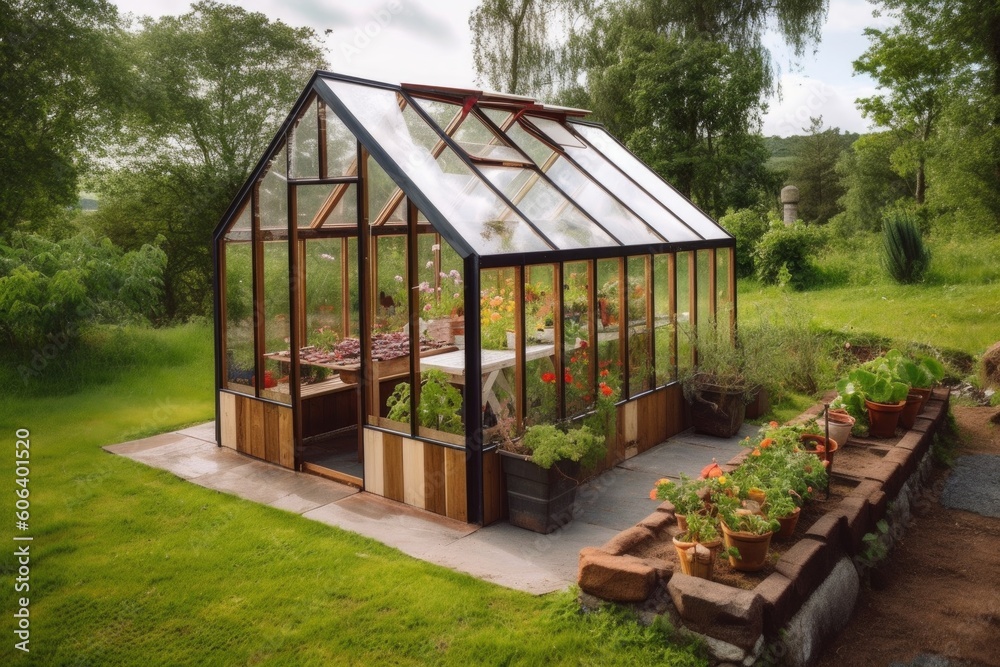 diy garden with roof and windows, providing shelter for plants and flowers, created with generative ai