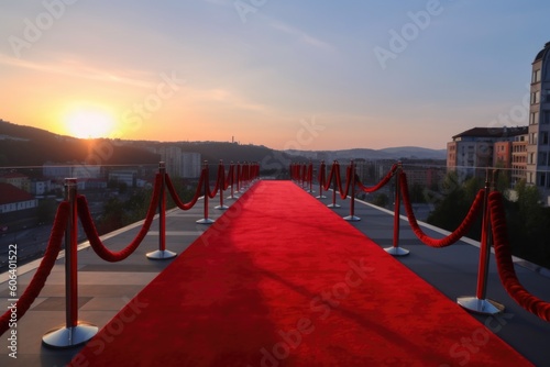 red carpet rolling out for a grand and glamorous event, with view of the venue visible in the background, created with generative ai