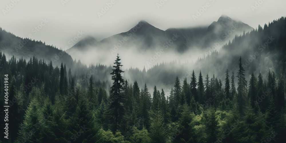 AI Generated. AI Generative. Photo realistic illustration of mountains forest fog morning mystic. Graphic Art