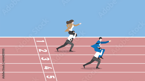 Business competition concept. Boss rides piggyback on employee team staff and runs on a race track. Ambition teamwork, intention, work hard, target, career position, contest, and performance concept.