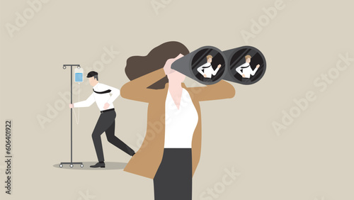 ฺHR businesswoman uses binoculars to find a candidate replace a sick employee, saline drip. Headhunting, Human Resource, job vacancy, Recruitment, hiring, employment and career opportunity concept.