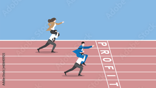 Business competition concept. Boss rides piggyback on employee team staff and runs on a race track to win at the PROFIT finish line. Teamwork, work hard, target, contest, and performance concept.