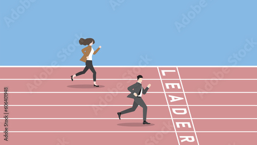 Business competition concept. Businessmnn and businesswoman
 run on a race track to win at the LEADER finish line. Ambition, work hard, target, goal, contest challenge, and career performance concept.