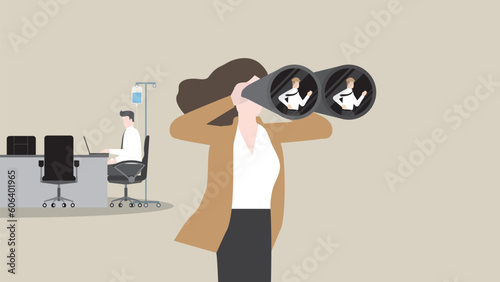 ฺHR businesswoman uses binoculars to find a candidate replace a sick employee, saline drip. Headhunting, Human Resource, job vacancy, Recruitment, hiring, employment and career opportunity concept.