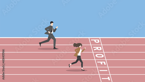 Business competition concept. Businessmnn and businesswoman  run on a race track to win at the PROFIT finish line. Ambition  work hard  target  goal  contest challenge  and career performance concept.