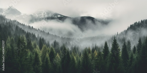 AI Generated. AI Generative. Photo realistic illustration of mountains forest fog morning mystic. Graphic Art © AkimD