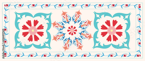 Suzani or suzane - Uzbek pattern carpet, spread in Central Asia, traditional textile product, using now in home decor and fashion industry, embroidery product	