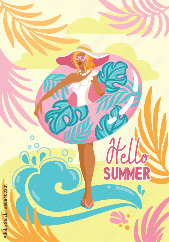 Beautiful girl relaxing on the beach. Hello summer short phrase. Banner. Vector. Beautiful girl relaxing on the beach. Hello summer short phrase. Banner. Vector.